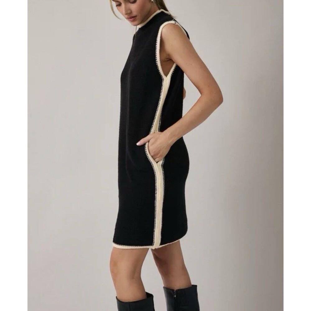 NWT Tank Sweater Knit Midi Black Cream Stretch Dress Sz S Pockets Mockneck - Picture 7 of 16